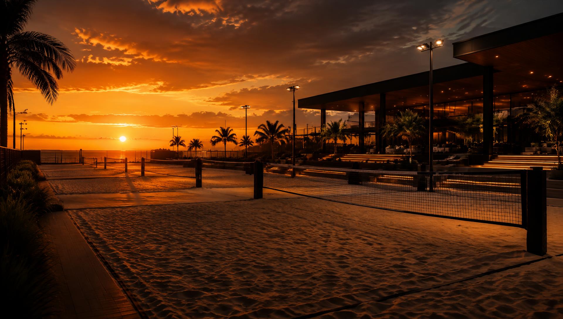 Quadras de areia da Arena Brio ao pôr do sol